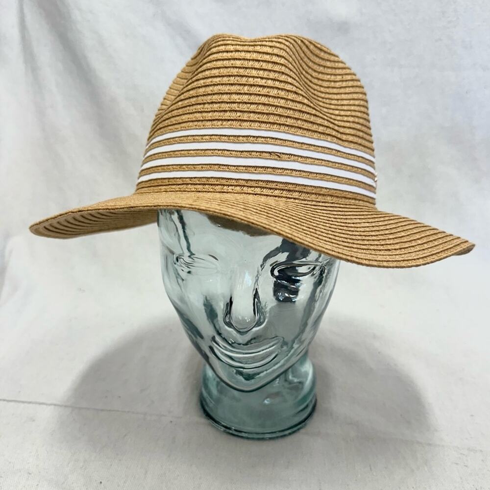 Adrienne Vittadini straw fedora hat in Toast w/ white stripe band One Size NWT